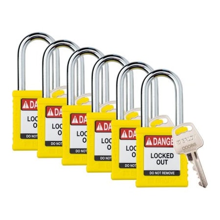 Brady Brady Safety Lockout Padlock, Keyed Different, 1-1/2in, Plastic/Steel, Yellow, 6/PK SDPL-YLW-38ST-KD6